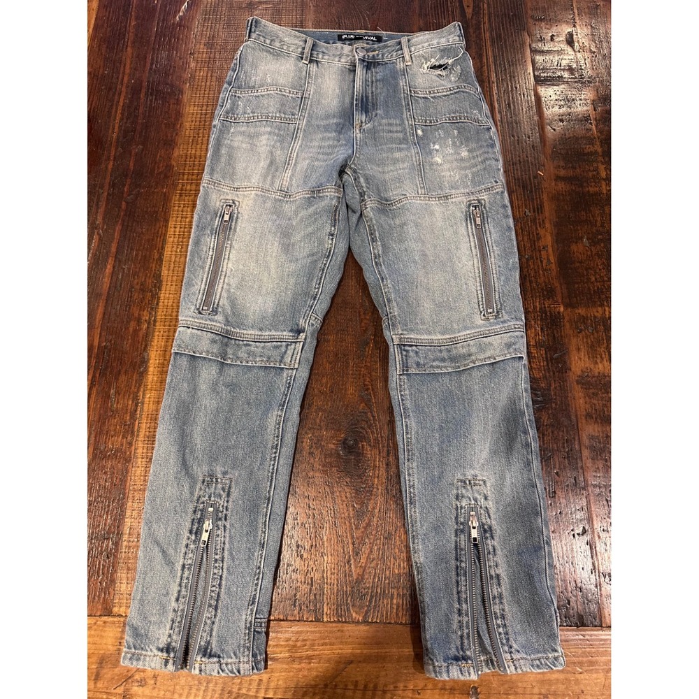 Blue Revival Women 27 Cargo Moto Jeans Light Wash‎ Zipper Ankle Distressed